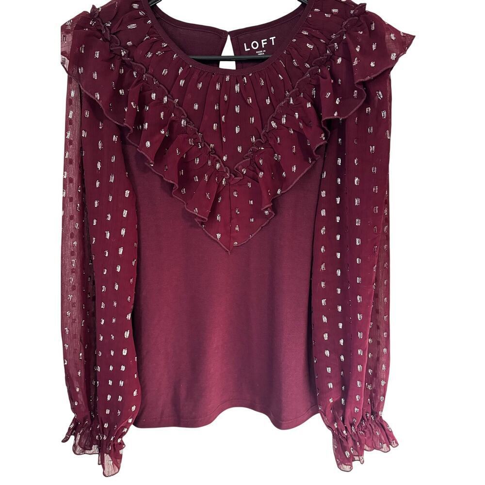 LOFT Shimmer Dotted Cranberry mixed media blouse ruffled yoke metallic details